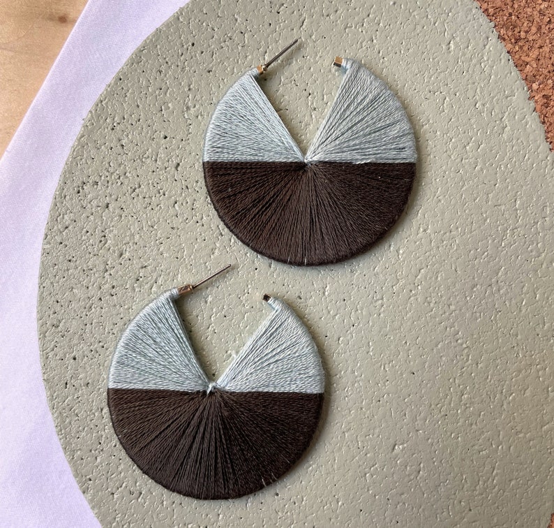 HANDMADE HOOP EARRINGS 2 inches available in 1, 1.5, 2 and 2.5 inches custom order sky blue and slate gray textile earrings image 1