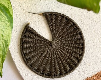 BASKET WEAVE HOOP, charcoal gray embroidery thread, available in 1, 2 and 2.5 inches, lightweight, large hand stitched modern boho earrings