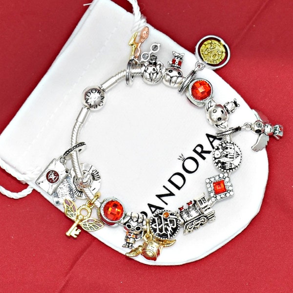 Pandora Bracelet with Wizard Sorting Hat Key Nimbus Train Red Harry Themed Charms New