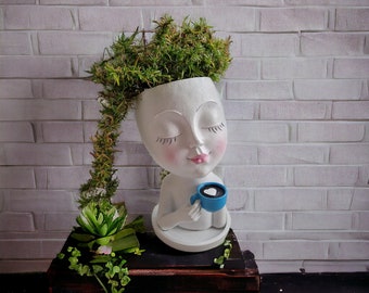 Cute Girl Face Planter, Human Head Succulent Planter, Nordic Cactus Planter, Resin Woman Balcony Planter, Decorative Indoor Plant Pot