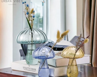 Vase champignon en verre fantaisiste, Vase à fleurs hydroponique transparent, Bouteille à fleurs en vitrail, Vase à fleurs de bureau créatif, Décoration d'intérieur champignon