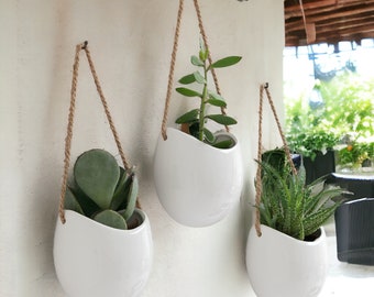 3 Pcs Ceramic Wall Mounted Plant Pots, Rope Hanging Succulent Planter, Novelty Cactus Planter, Balcony Air Plant Holder