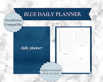Puede incluir: Un planificador diario azul en descarga digital con una portada azul oscuro con el texto daily planner y una página interior blanca con secciones para fecha, tareas, horario, notas y un área de dibujo. Compatible con GoodNotes, A4 y US Letter.