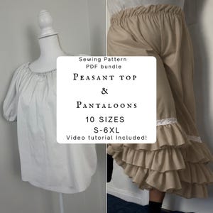 Könnte beinhalten: Ein Schnittmuster-PDF-Paket für ein Bauernoberteil und eine Pluderhose. Das weiße Oberteil hat einen gerafften Ausschnitt und kurze Ärmel. Die beige Hose verfügt über einen gerafften Bund und mehrere Stufenrüschen mit weißer Spitzenborte.