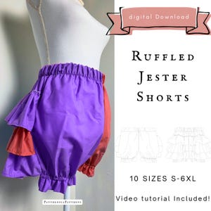 May include: A pair of purple and coral shorts with ruffled side panels and an elastic waistband. The text reads: digital Download, RUFFLED JESTER SHORTS, 10 SIZES S-6XL, Video tutorial Included!, PatternoiaPatterns.