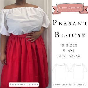May include: A white off-the-shoulder peasant blouse with gathered sleeves paired with a red skirt. Text reads: digital Download, PEASANT BLOUSE, 10 SIZES S-6XL, BUST 38-56, PatternoiaPatterns, Video tutorial Included. Includes two line art sketches of the blouse.