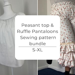 May include: A sewing pattern bundle for a peasant top and ruffle pantaloons in sizes S-XL. The image displays a solid white peasant top with a gathered neckline and short sleeves, alongside white pantaloons featuring a small red floral print.