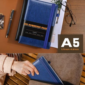 May include: A blue A5 notebook with 256 numbered pages, a black band, and a blue elastic band. The notebook is 5.75 inches x 8.38 inches. The text on the notebook reads "Goal Achievement, Productivity Boost, Happiness Creati".