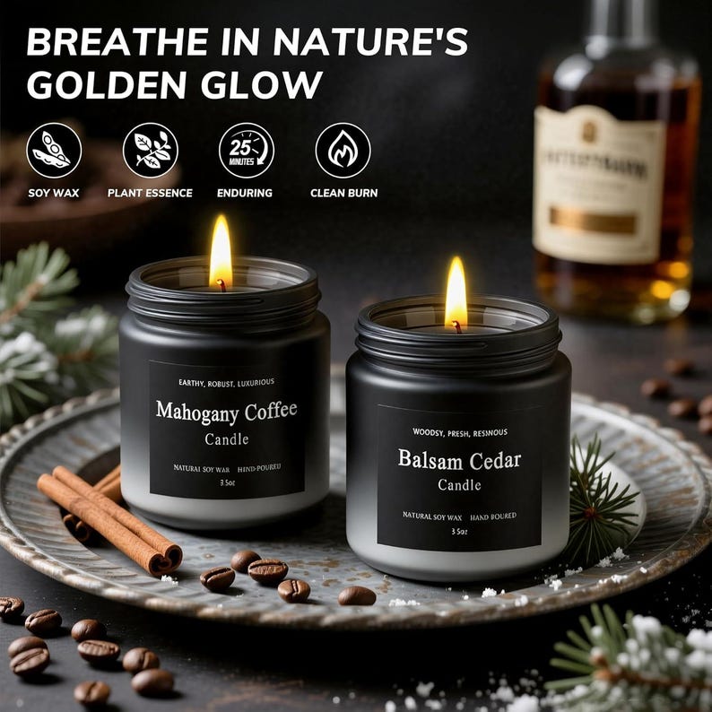May include: Two black jar candles with lit flames, labeled "Mahogany Coffee" and "Balsam Cedar." The image includes cinnamon sticks, coffee beans, and text that reads "Breathe in Nature's Golden Glow." The candles are 3 oz.