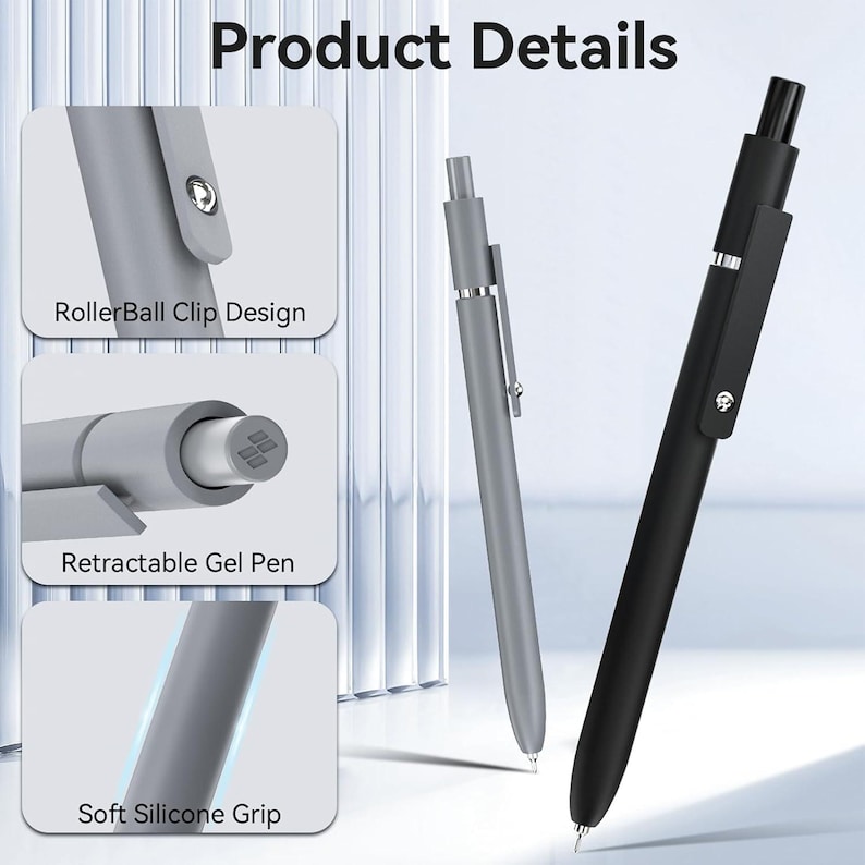 May include: Image of two pens, one gray and one black, with the words "Product Details" at the top. The gray pen has a rollerball clip design, a retractable gel pen, and a soft silicone grip. The black pen has a similar design.