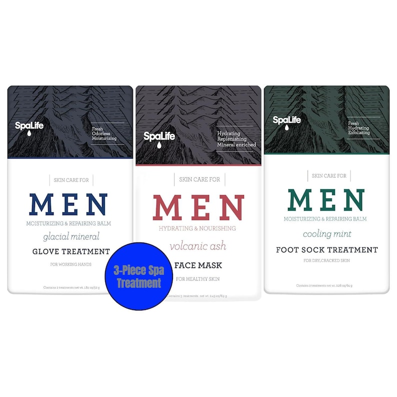 May include: Three SpaLife skin care products for men. The products include a glacial mineral glove treatment, volcanic ash face mask, and cooling mint foot sock treatment. Each product is in a white container with a colored top and the word "MEN" in large letters.