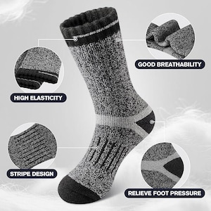 May include: A gray and black sock with a ribbed cuff and a reinforced heel and toe. The sock features a stripe design and is labeled with "HIGH ELASTICITY", "GOOD BREATHABILITY", and "RELIEVE FOOT PRESSURE".