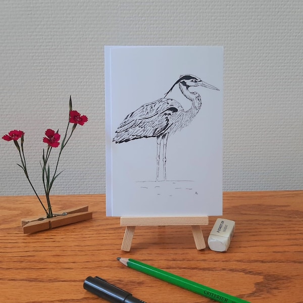 Reiger, wenskaart, verjaardag, zwart-wit, tekening, pentekening, vogel, handgemaakt