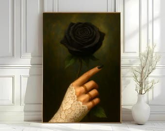 Gothic Black Rose Oil Painting Print: Dark Academia Victorian Decor (Digital Download