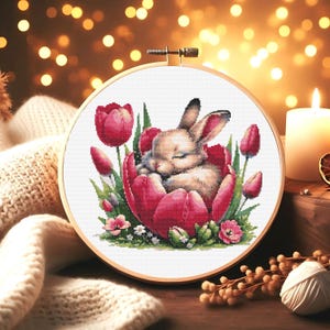 Blumen Frühling Kaninchen Kreuzstich Stickmuster PDF, Häschenstickerei Blumenmuster Kreuzstichmuster Hase PDF Stickmuster eBook pdf