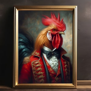 Póster de gallo vintage, retrato de gallo renacentista, arte animal victoriano, impresión de arte alterado, retrato de mascota real, retrato de mascota real