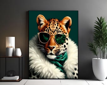 Luipaardkunstprint, mode dierenportret met zonnebril (digitale download)