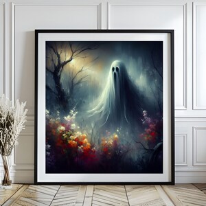Haunted Ghost in Dark Forest Halloween Wall Art | Spooky Creepy Spirit Painting | Gothic Scary Fantasy Canvas Print for Halloween Decor