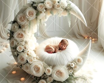 Floral Crescent Moon Newborn Photography Digital Backdrop (JPG Download)
