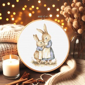 Mother and Baby Bunny Cross Stitch Pattern – Wholesome Animal Embroidery Chart for Handmade Gifts and Cottagecore Nursery Decor
