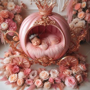 Neugeborenen digitalen Hintergrund, Pink Princess Cart, Blumen Kinderwagen, Fine Art Fotografie digitaler Hintergrund, Fotografie-Overlays, Kreativer Verbundstoff