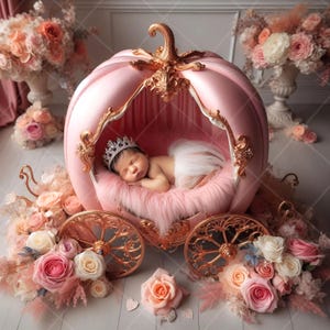 Neugeborenen digitalen Hintergrund, Pink Princess Cart, Blumen Kinderwagen, Fine Art Fotografie digitaler Hintergrund, Fotografie-Overlays, Kreativer Verbundstoff