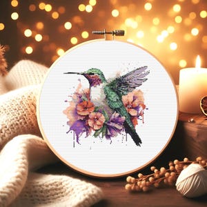Elegant Hummingbird Cross Stitch Pattern – Modern Floral Embroidery Design PDF – Colorful Bird Needlepoint for Home Wall Art Decor