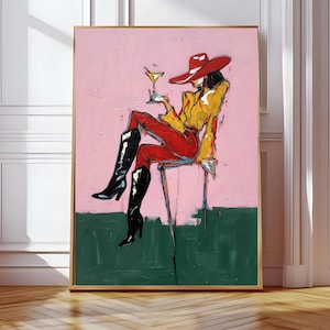 Modern Cowgirl Art Print, Red Hat, Cocktail, Western Decor (Digital Download)