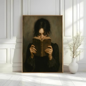 Woman Reading Art, Victorian Woman Reading Bookish Wall Art Print, Moody Reading Nook Painting, Book Lovers Gifts,  Dark Academia Decor