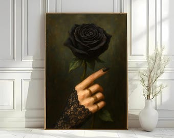 Gothic Black Rose Oil Painting Print: Dark Academia Victorian Decor (Digital Download