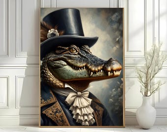 Victorian Crocodile Portrait Print: Dark Academia Reptile Art (Digital Download