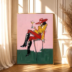 Modern Cowgirl Art Print, Red Hat, Cocktail, Western Decor (Digital Download)