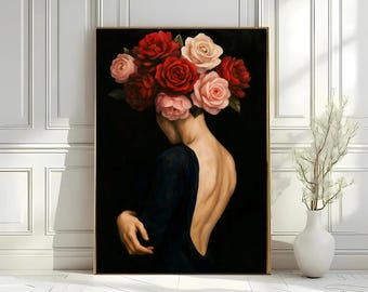 Stampa artistica con ritratto di donna floreale: elegante abito senza schienale (download digitale)