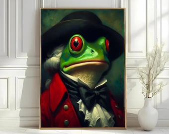 ビクトリア朝のカエルの肖像画プリント：ダークアカデミアの動物ウォールアート（デジタルダウンロード）