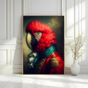 Victorian Parrot Portrait Print, Renaissance Animal Art,Dark Academia Bird Illustration,Moody Victorian Bird Portrait for Classic Wall Decor