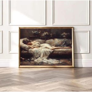 Decadent Young Woman, Tired Woman, Woman Portrait, Antique Wall Decor, Moody Wall Art, Vintage Portrait Oil Painting,  Victorian Painting