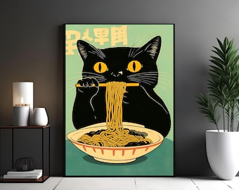 Funny Black Cat Ramen Noodle Print: Modern Japanese Kitchen Decor (Digital Download)