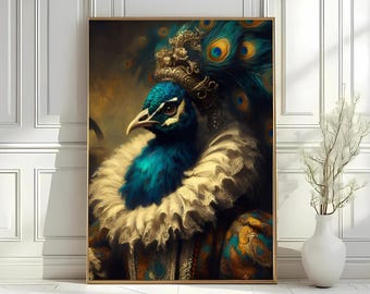Renaissance Peacock Portrait: Victorian Bird Art, Dark Academia Decor (Digital Download)