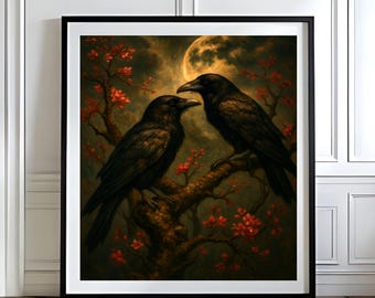Gothic Raven Art Print, Mystical Crow, Full Moon Blossoms (Digital Download)