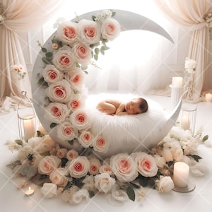 Newborn Digital Backdrop Crescent Moon with Roses, Baby Photography Prop, Romantic Floral Moon Seat Background for Composite Editing