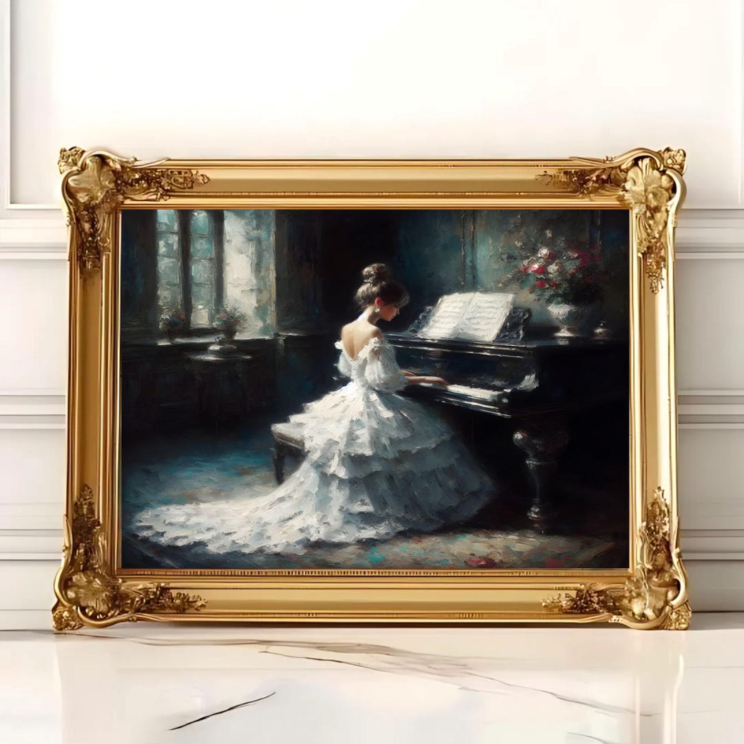 Piano Art Print, Victorian Woman Playing Piano, Piano Painting, Vintage ...