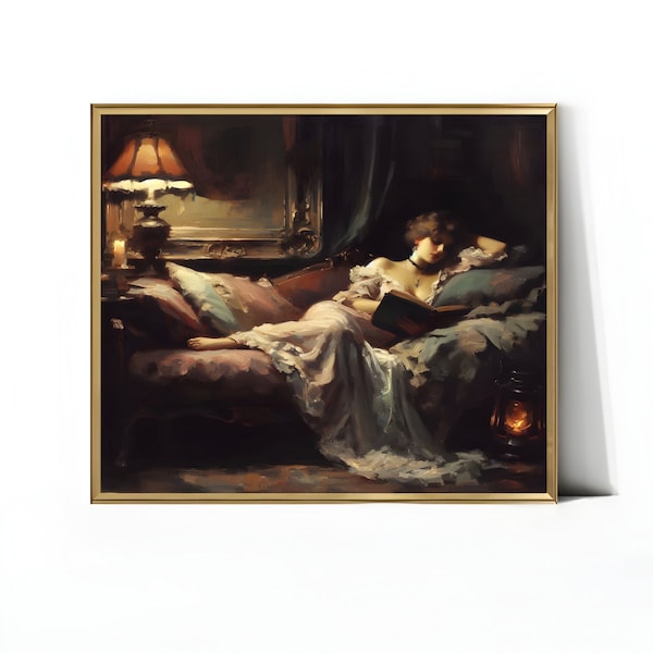 Mujer leyendo retrato, leyendo impresión, pintura al óleo arte de la pared, descarga digital, arte de pared imprimible, decoración vintage, decoración de la habitación de la granja