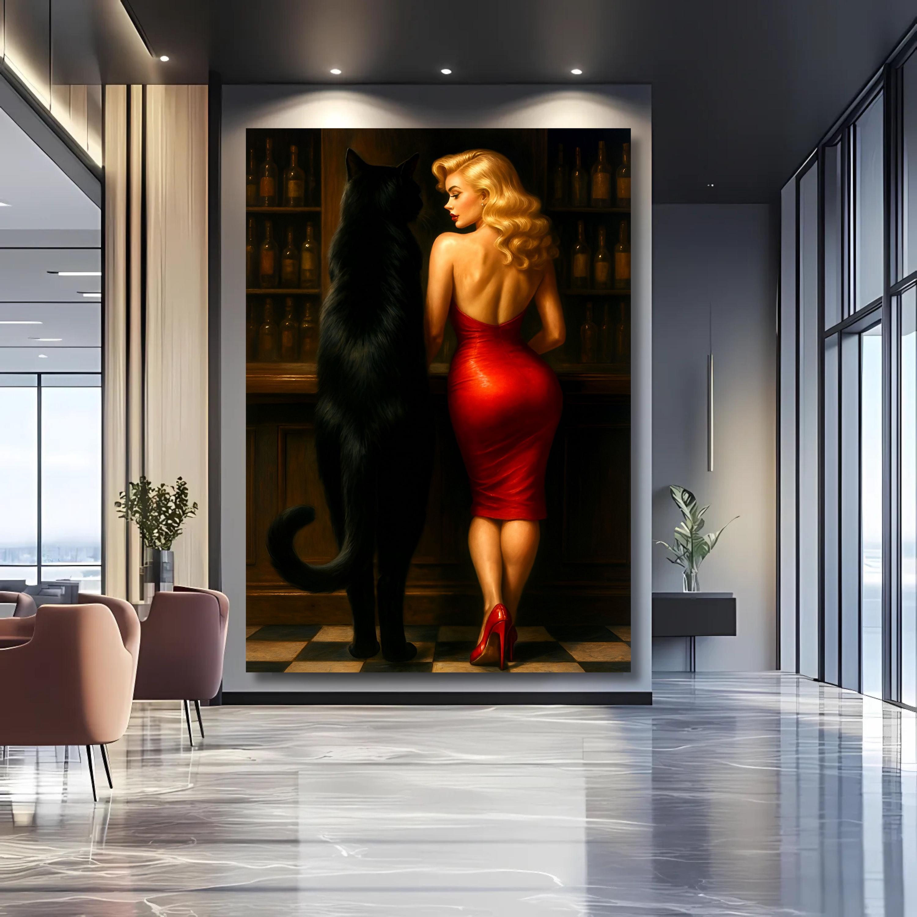 Woman in Red Dress Art Print – Vintage Bar Scene, Black Cat (digital ...