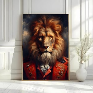 Victorian Lion Portrait Print, Vintage Animal Wall Art, Dark Academia Lion Illustration, Vintage Animal Art Digital Download Animal Portrait
