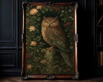 May include: A framed vintage-style owl painting. The owl, with brown and green feathers, is perched on a decorative pedestal, surrounded by floral elements in shades of green, yellow, and red. The ornate wooden frame adds to the artwork's classic appeal.