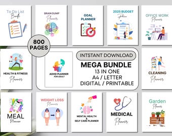 May include: A digital planner mega bundle with 13 different planners, including a to-do list, brain dump, goal, budget, office work, health & fitness, ADHD, cleaning, meal, weight loss, mental health, medical, and garden planner. The bundle is 800 pages and printable.