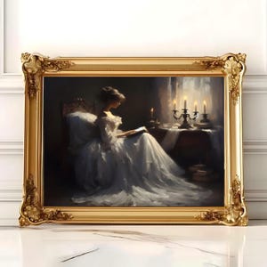 Viktorianische Frau Lesebuch Wand Kunst Druck, Frau Lese Porträt, Dark Academia Decor, Moody Leseecke Malerei, Buch Liebhaber Geschenk