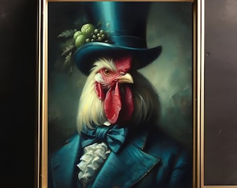 Portrait de coq de la Renaissance, art vintage de coq, art animalier victorien, impression d'art modifiée, portrait royal d'animal de compagnie, portrait d'animal de compagnie royal