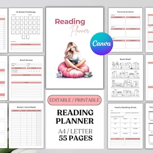 Editable Reading Planner Bundle, Book shelf tracker, Reading planner, Printable reading challenge, Book review log book, Reading Tracker