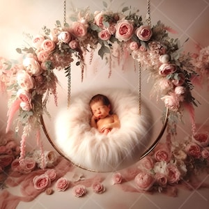 Romantic Pink Floral Swing Newborn Digital Background for Photography, Baby Girl Photo Backdrop, Soft Rose Garden Prop, Studio Backdrop